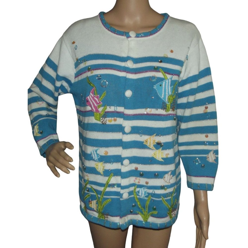 Striped Blue and White Sweater with Fish Embroidery